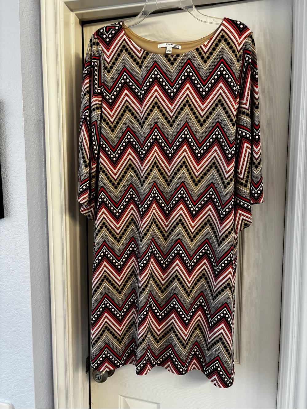 Studio One New York Chevron Shift Dress Dusty Rose Black Retro Bell Sleeve Sz L